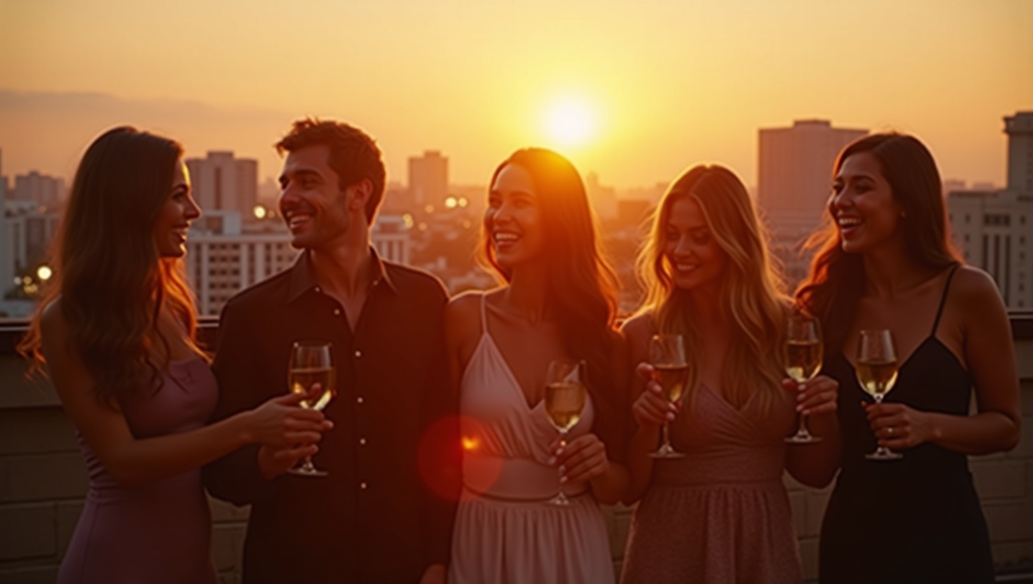 Friends celebrating on a rooftop